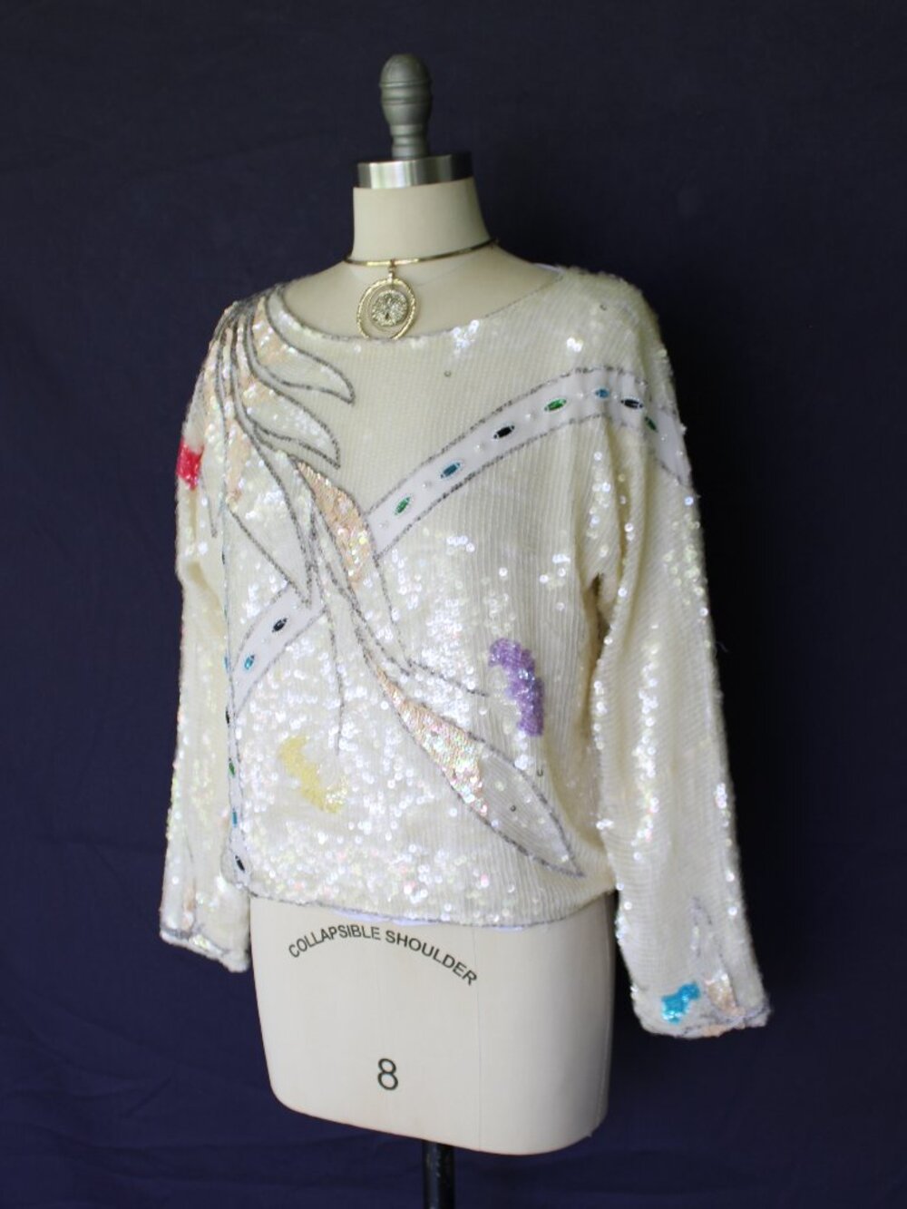 Oleg Cassini vintage 80s sequin beaded opalescent silver silk dress top tunic M - Picture 2 of 11